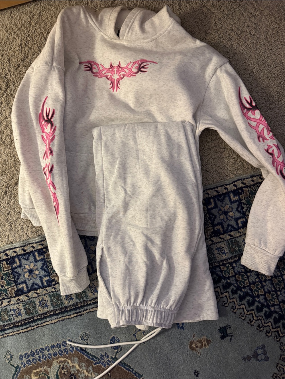 Light Gray Hoodie Set with Pink Tattoo Graphics